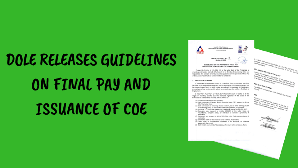 DOLE issues Final Pay and COE guidelines