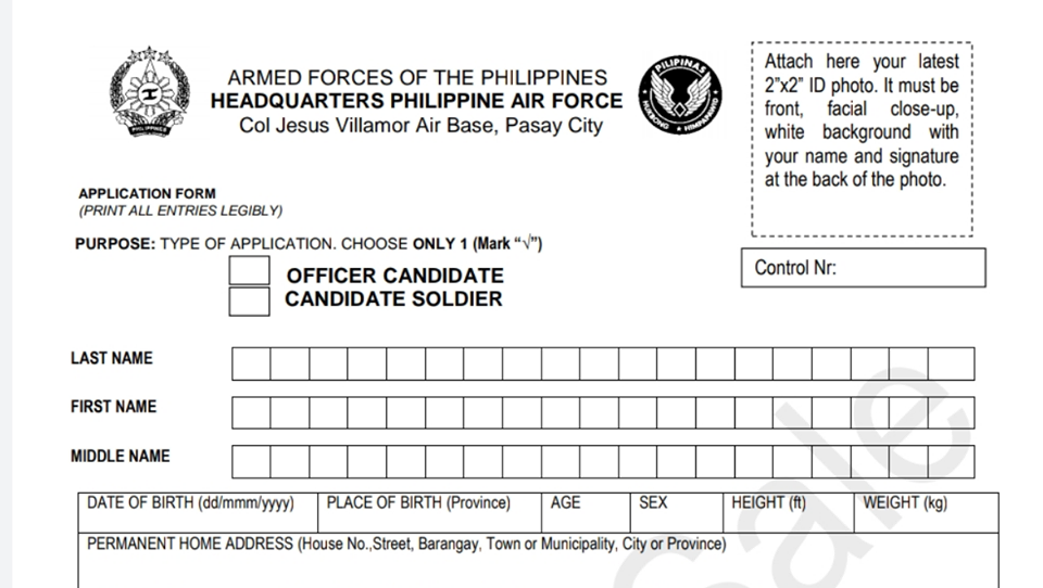 Philippine Airforce Application form 2020