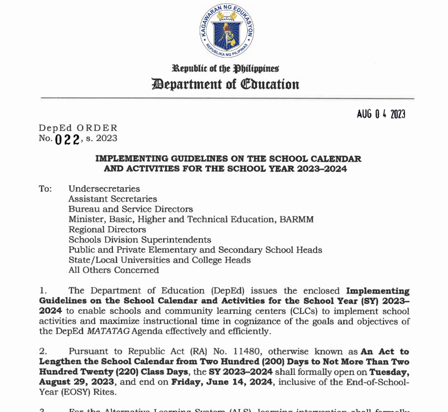 Deped Order 22 S 2023 School Calendar 2023 2024 NewsToGov